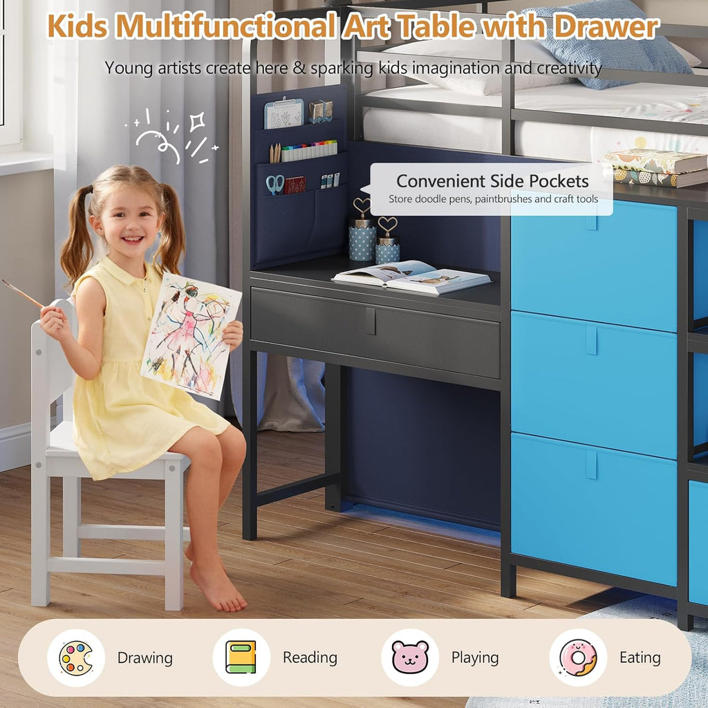 Low Loft Bed with Desk and 6 Storage Drawers Twin Loft Bed with Bookshelf,LED Lights & Under-Bed Play Space,Kids Twin