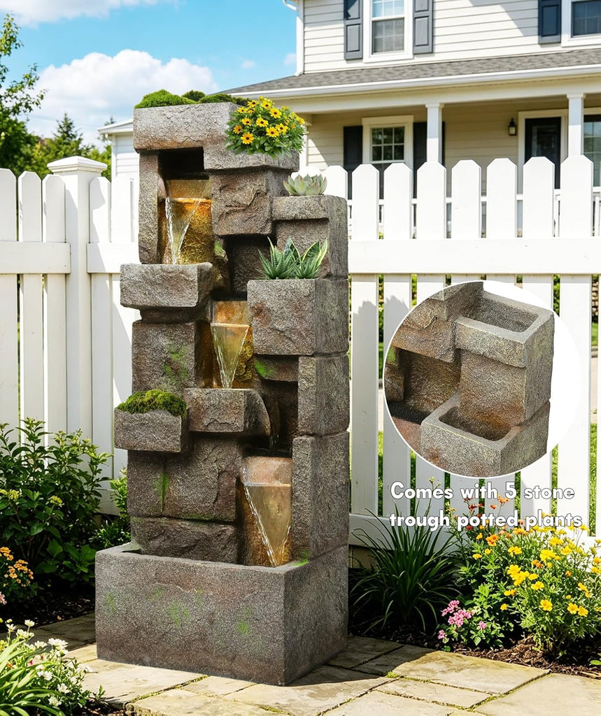 41.7" Outdoor Fountain 3 Tier Modern Water Fountains with LED Lights and Pump Outdoor Floor-Standing Rock Fountain Decor