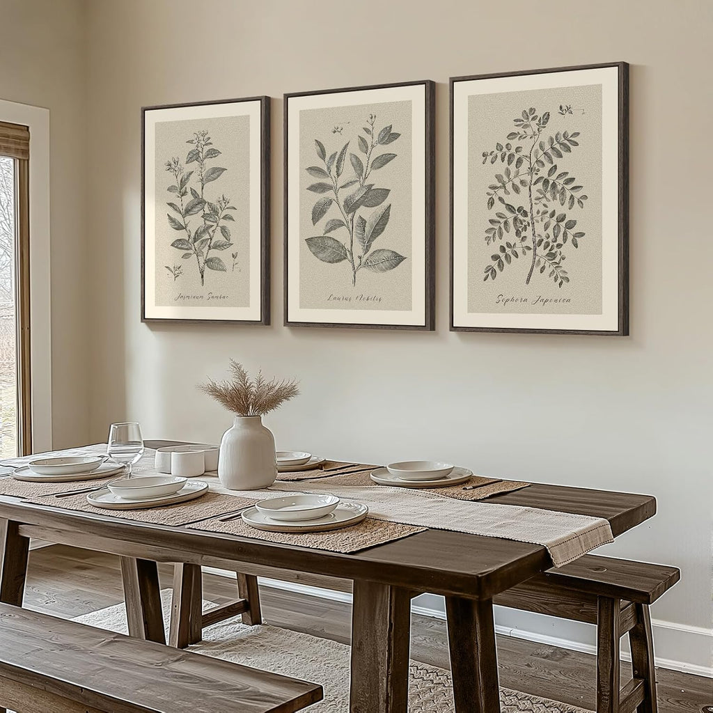 Large Framed Botanical Wall Art, 3 Piece Neutral Plant Canvas Painting Prints Artwork for Farmhouse Walls, Vintage
