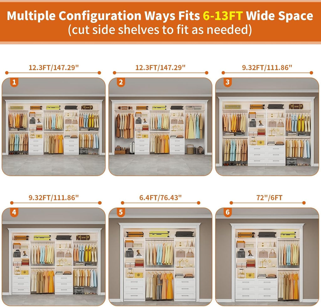 Closet System with 6 Drawers, 6-12.3FT Closet Organizer System Wood with 8 Shelves & 6 Expandable Hanging Rods