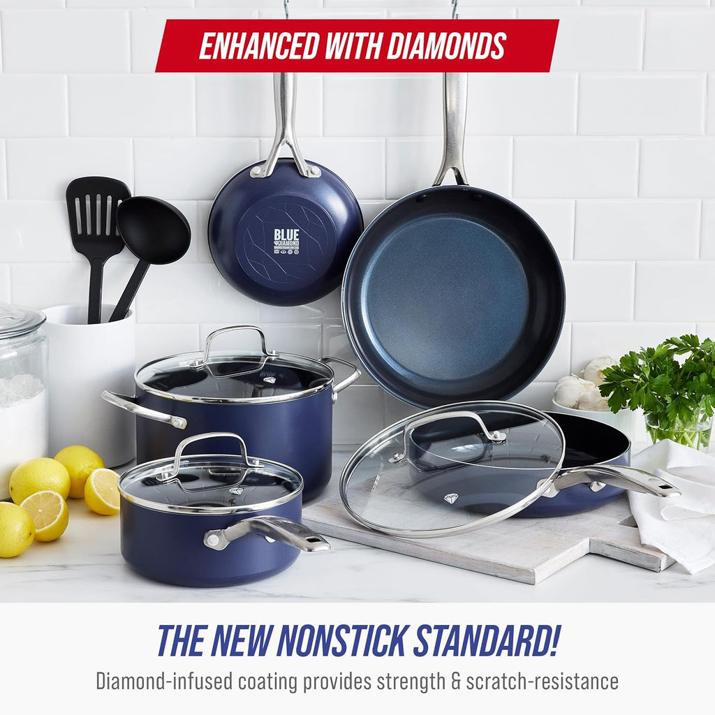 10 Piece Ceramic Nonstick Cookware Pots & Pans Set, Blue | PFAS-Free Diamond Infused Ceramic Nonstick, Metal Utensil