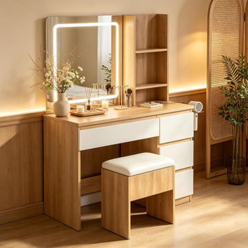 Makeup Vanity Desk with 3-Color LED Lighted Mirror, 4 Drawers & Power Outlet, Vanity Set with Charging Station
