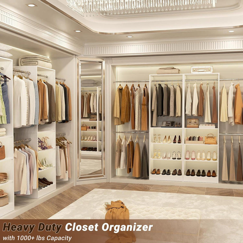 Closet System, 4.5-11.5 Ft Expandable Closet Organizer, White | 5 Hanging Rods, Walk-in Wood Closet Organizer System