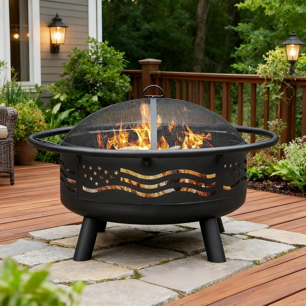 32 Inch American Flag Fire Pit with Mesh Cover & Poker, Round Metal Wood Burning Outdoor Firepit