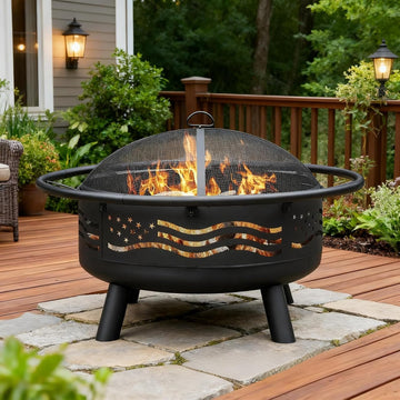 32 Inch American Flag Fire Pit with Mesh Cover & Poker, Round Metal Wood Burning Outdoor Firepit