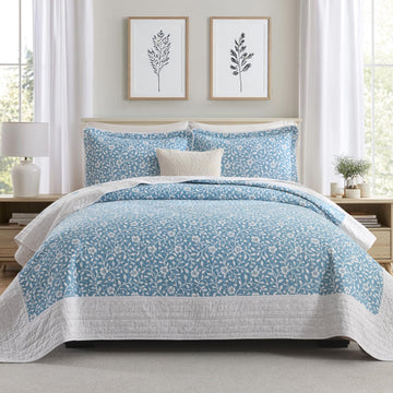 100% Cotton Quilt Set - Floral Quilted Comforter, Reversible Botanical Farmhouse Quilt Bedspread