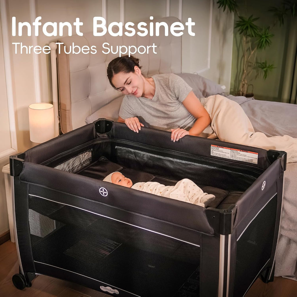 4 in 1 Baby Playards with Bassinet & Changing Table, Portable Crib Breathable Mesh and Toy Mobile