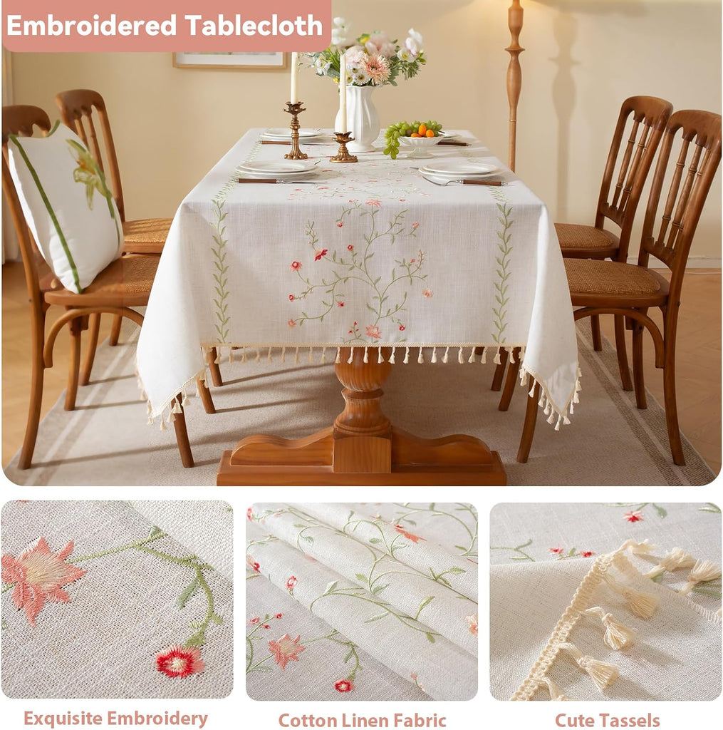 Summer Pink Floral Table Cloth Rectangle Table, Embroidery Heavy Duty Cotton Linen Tablecloth, Farmhouse Rustic