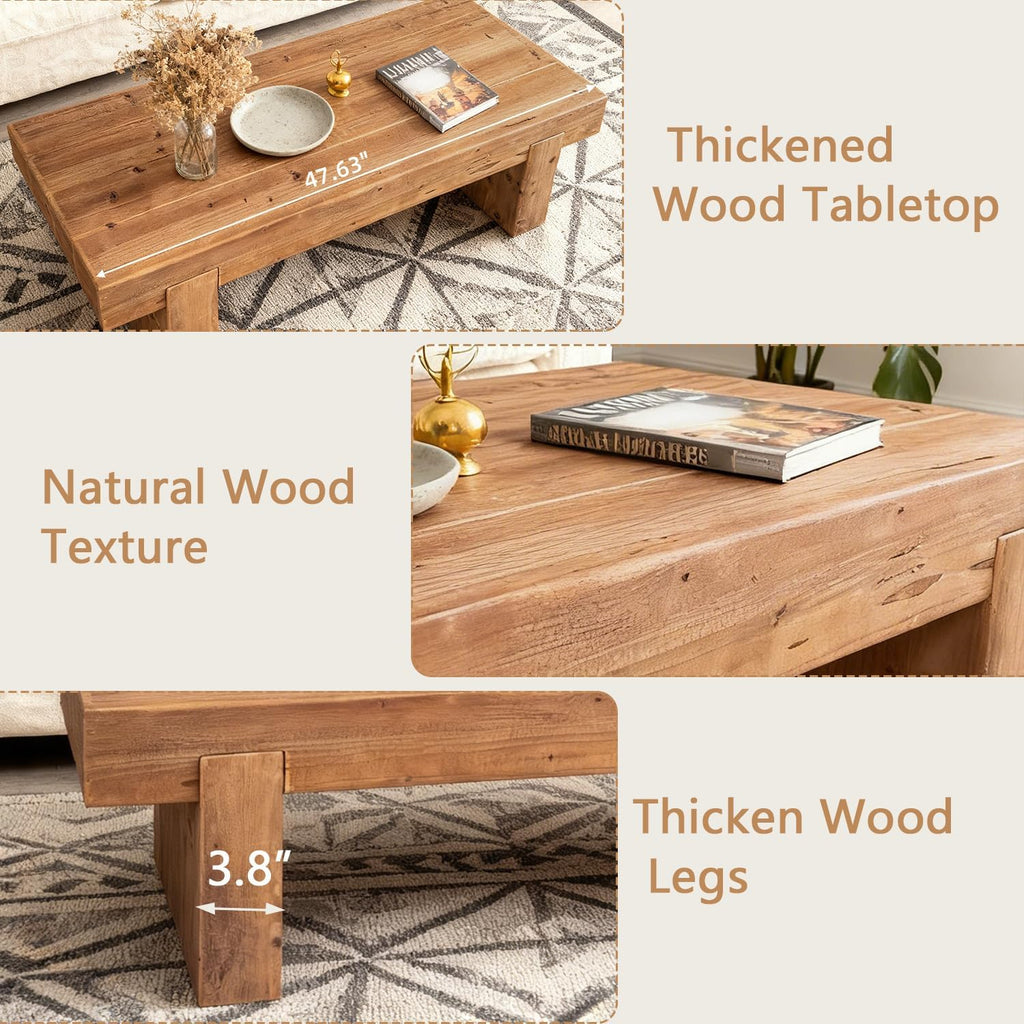 Solid Wood Coffee Table 47.6-Inch Rectangular Coffee Table,Farmhouse Cocktail Center Tables with Thicken Top and
