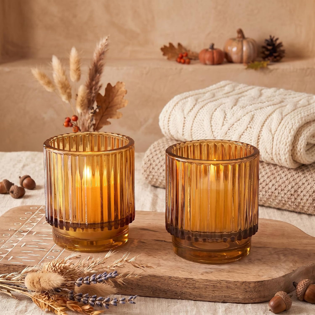 Vintage Glass Tealight & Amber Votive Candle Holders (Set of 6) Rustic Fluted Candle Holder Set, Boho Home Decor