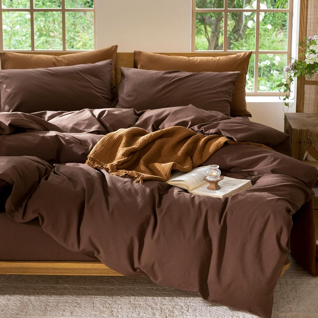 Bedding Duvet Cover Set 100% Washed Cotton Linen Like Textured Breathable Durable Soft Comfy (Solid Cocoa Brown