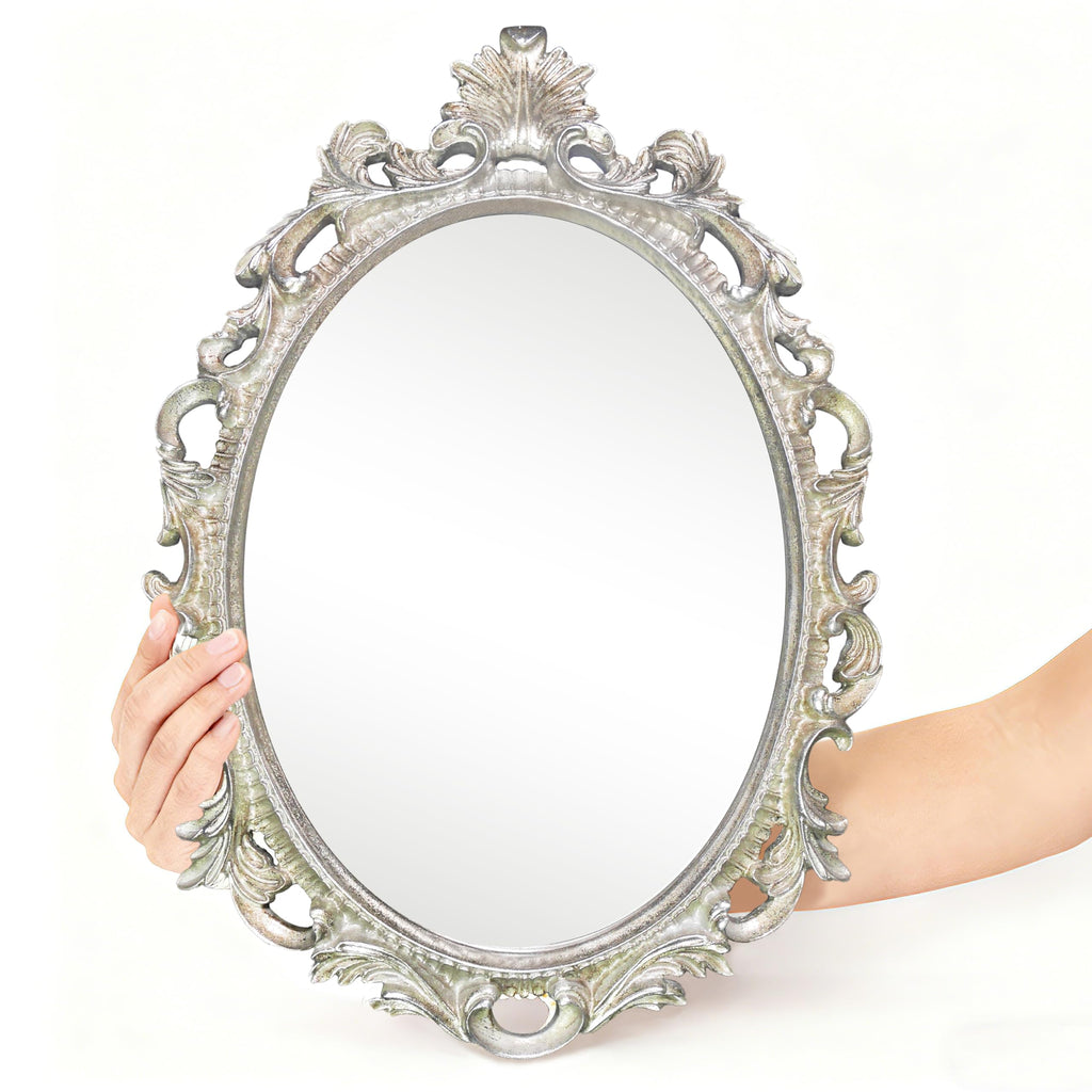 Antique Silver Oval Wall Mirror, Gothic Scroll, 18 × 24 in