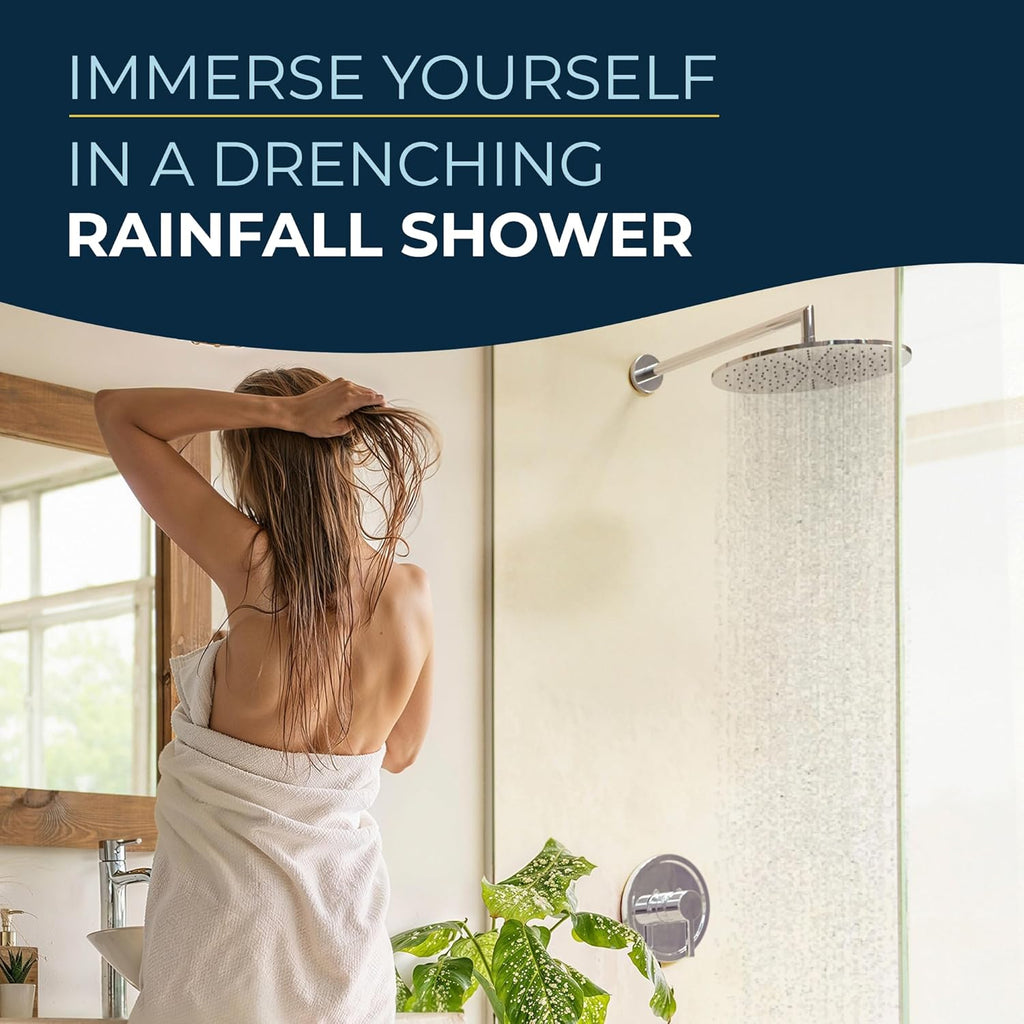 Solid Metal 12 Inch Rainfall Shower Head, Large Rain Shower Head, 2.5 GPM High Flow Shower Head Optimized for Pressure