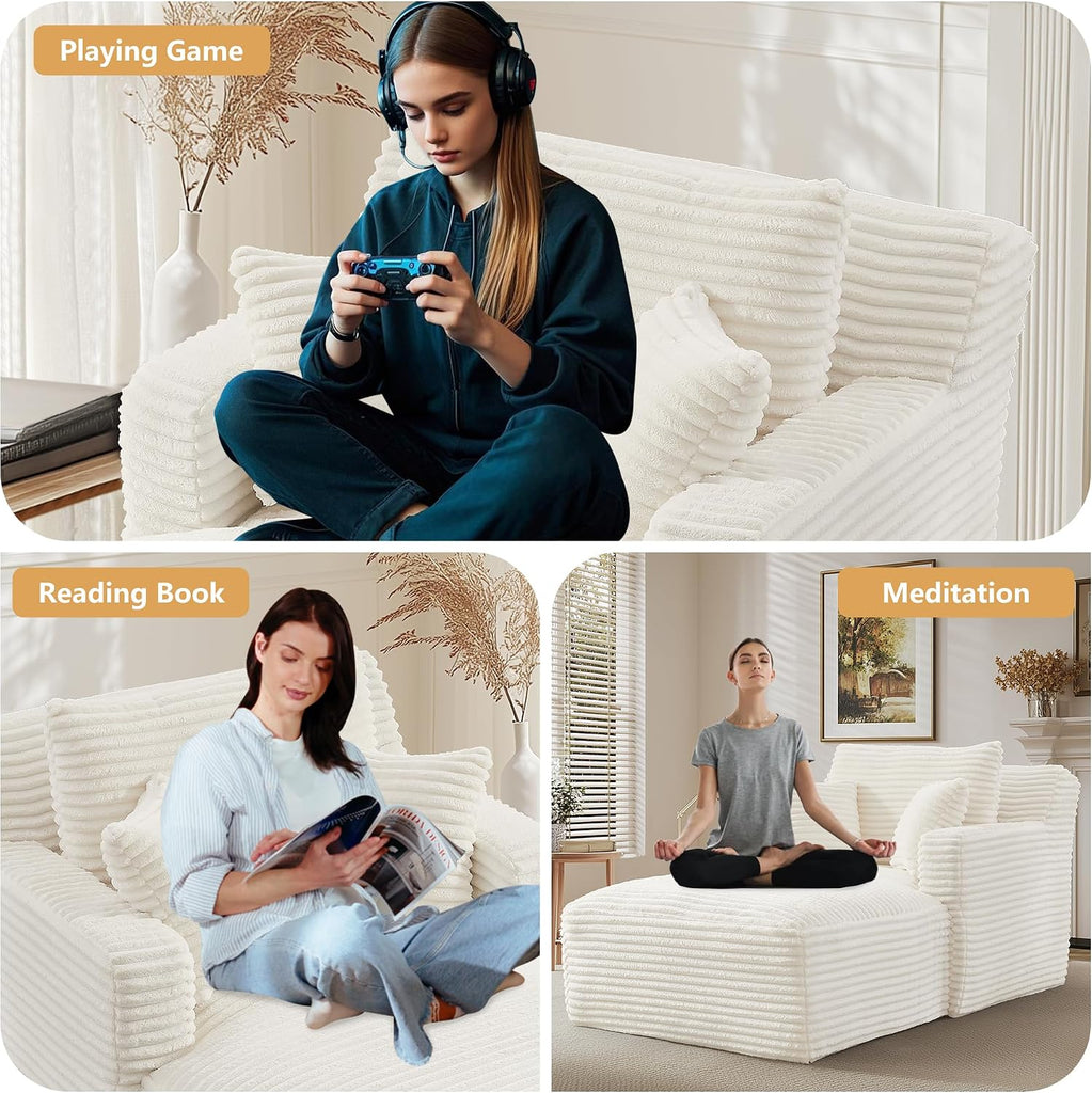 65.4" Boneless Chaise Lounge Chair Indoor, Comfy Beige Reading Chair | Corduroy Deep Seat Upholstered oversized