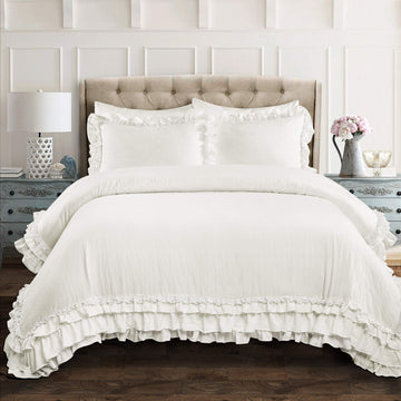 Ella Ruffle Lace Comforter, 3 Piece Set, White - Cute Comforter - Bedding Set - White Bedding