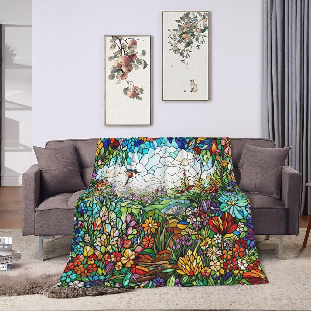 Colorful Boho Wildflower Stained Glass Throw Blanket Super Soft Air Conditioning Flannel Blankets Cozy Warm Plush