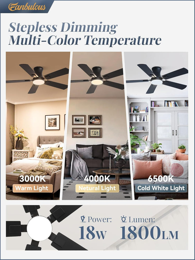 42 inch ceiling fan with light, Low Profile Ceiling Fan with Light, App&Remote Control, Dimmable LED Light