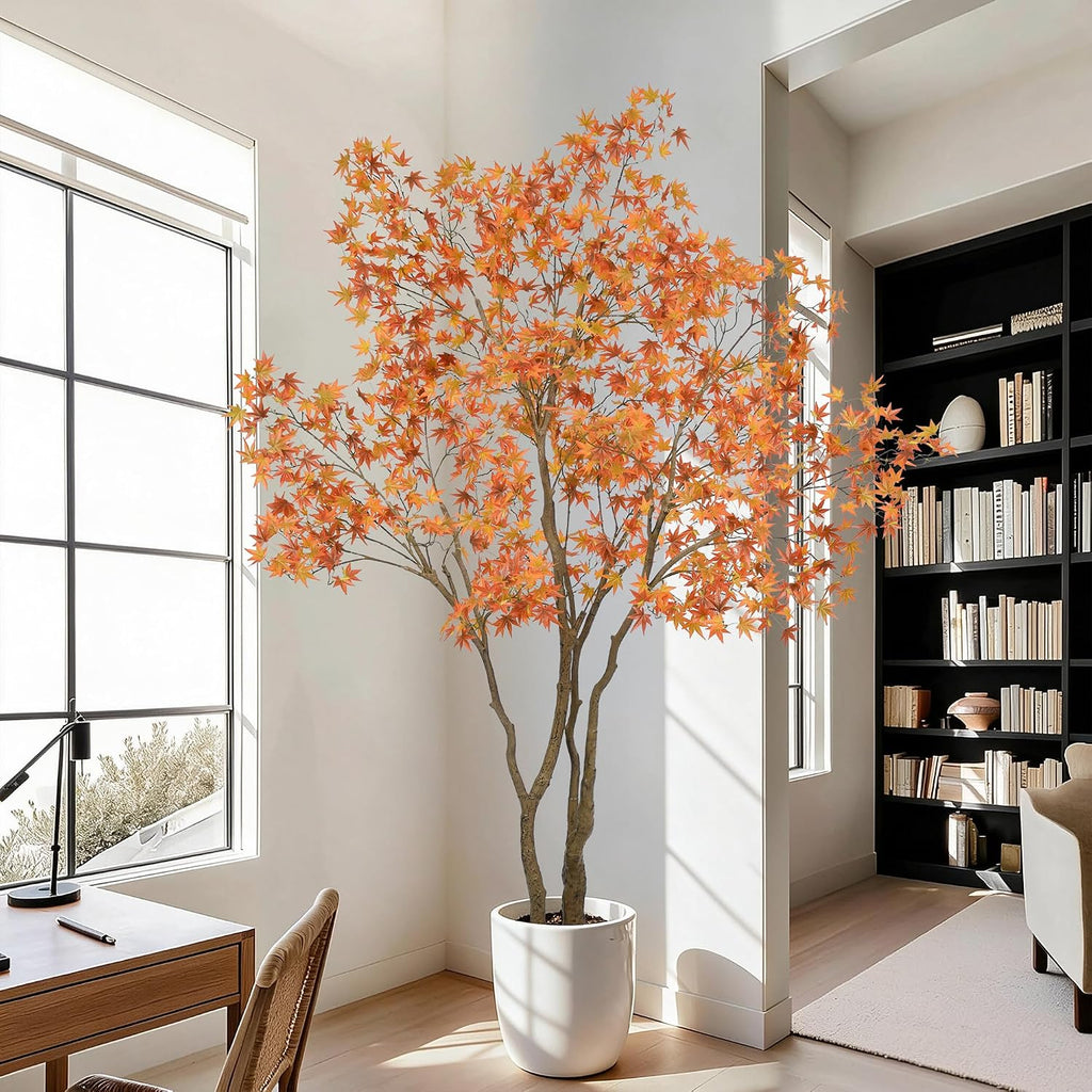Maple Tree 7FT - Large Faux Plant Indoor with 1104 Orange Red Leaves & Realistic Trunk, 84" Tall Fake Autumn Maple