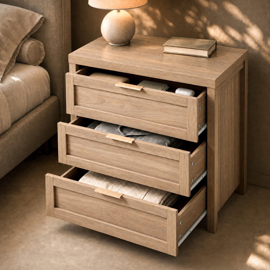 Nightstand, 3 Drawer Bedside Table, Weathered Oak