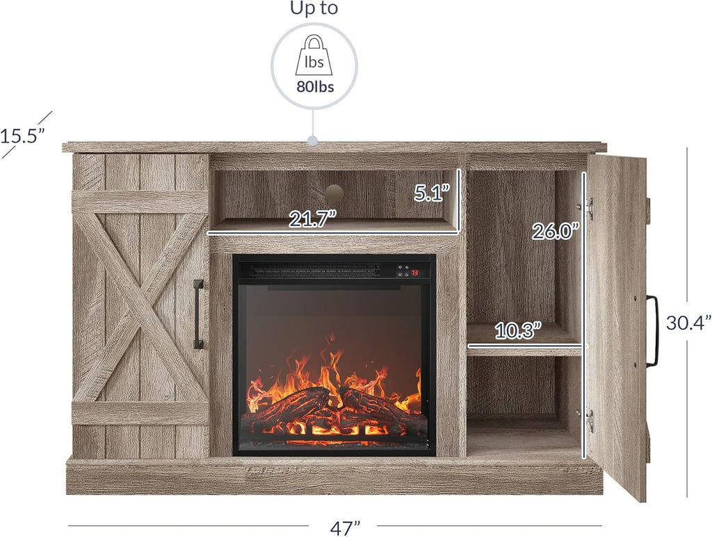 47 Inch TV Stand with 18 Inch Electric Fireplace Heater, Media Entertainment Center Console Table for TVs up to 50 Inches with Open Storage Shelves and Cabinets, Ashland Pine