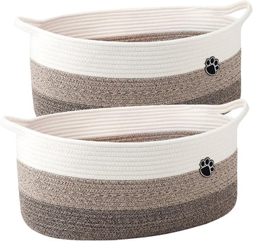Dog Toy Basket, White & Brown, 2 Pack Toy Box and Bin for Dog Cat Storage, 20" X 11" X 8" Large Woven Rope Basket