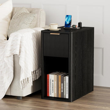 Narrow End Table with Fluted Drawer and Charging Station, Small Nightstand with USB Ports & Outlets, Bedside Table