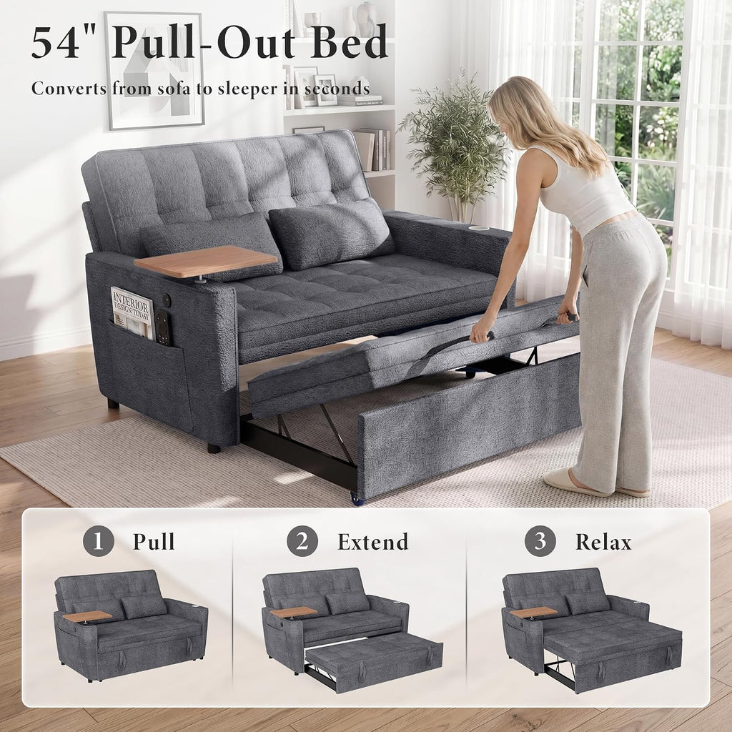 54'' Convertible Sleeper Sofa Bed with Swivel Side Table, Chenille Pull Out Couch , Loveseat Sleeper Couch with Side