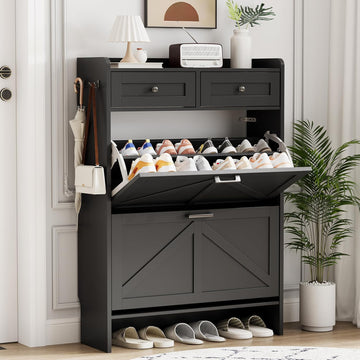 Shoe Cabinet with 2 Flip Drawers & 2 Top Drawers, 43" Tall Freestanding Narrow Wooden Shoe Storage Organizer , Hidden