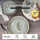 16-Piece Stoneware Dinnerware Set for 4, Glossy Cream/Green Big Dinner Plates and Bowls Sets with Reactive Glaze