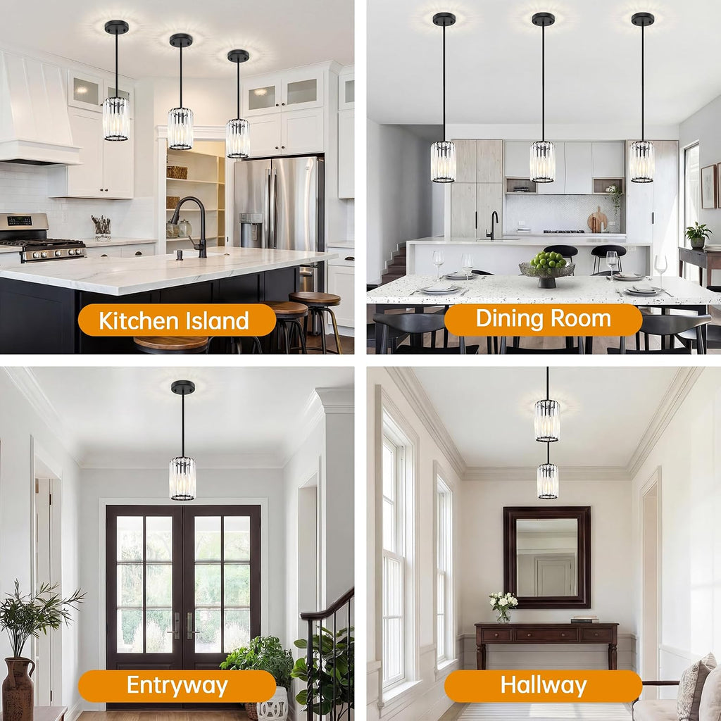 Black Pendant Light, Modern Crystal Pendant Lights Kitchen Island, Kitchen Island Lighting with Adjustable Height, UL