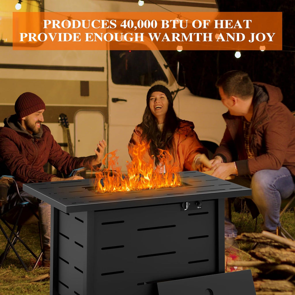 44 Inch Propane Fire Pit Table 50,000 BTU with Lid and Waterproof Cover for Outside Patio - Rectangular, Black