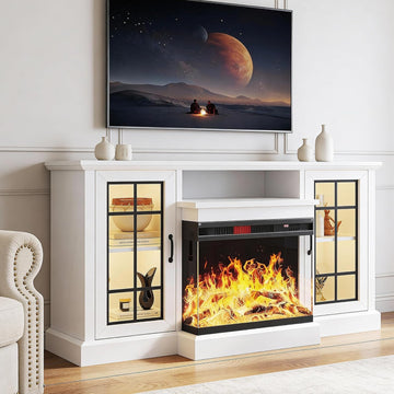 59'' TV Stand, 3 Sided Glass Media Entertainment Center Console Table for TVs up to 65'' with Glass Door, Adjustable