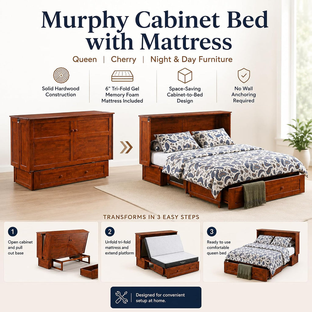 Murphy Cabinet Bed with Mattress, Cherry, Queen