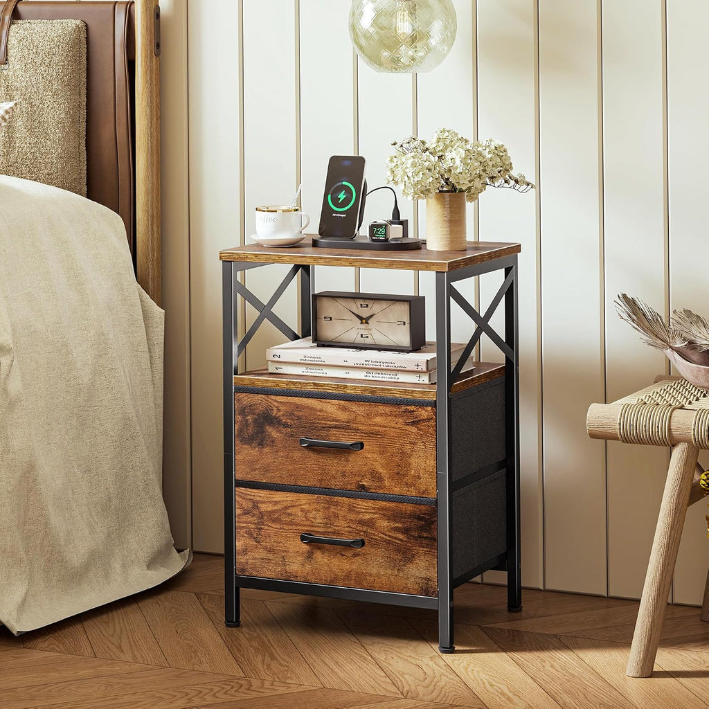 Nightstands Set of 2, Night Stand with Charger Station, 2 Drawer Side Table with Open Shelf, USB-C Port, End Table