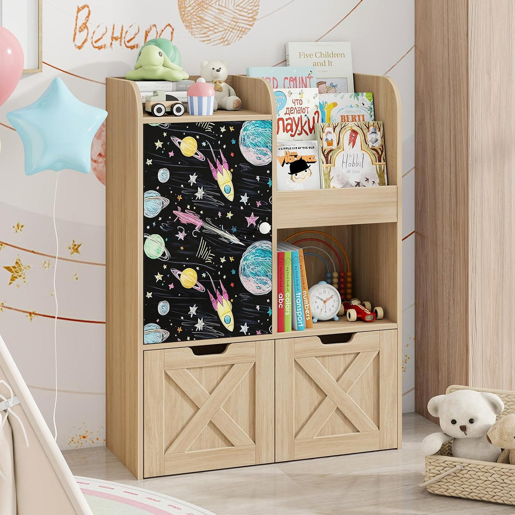 Kids Bookshelf with Reading Nook and Blackboard, 3-in-1 Toy Storage Organizer with 2 Movable Drawers, Wood Toy Chest