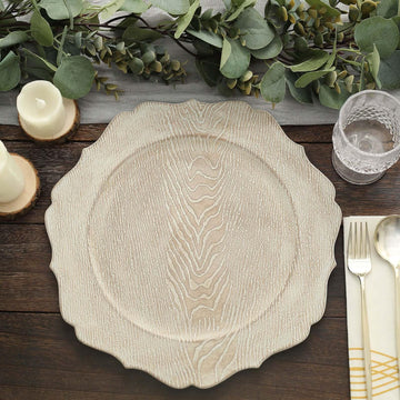 13" Charger Plates - Set of 12 - Rustic White Embossed Wood Grain Round Acrylic Charger Plates with Scalloped Rim