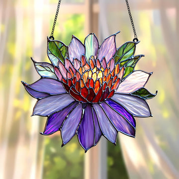 Purple Water Lily Acrylic Suncatcher 8 Inches, Stained Glass Effect Flower, Floral Decor, Indoor, Outdoor Porch