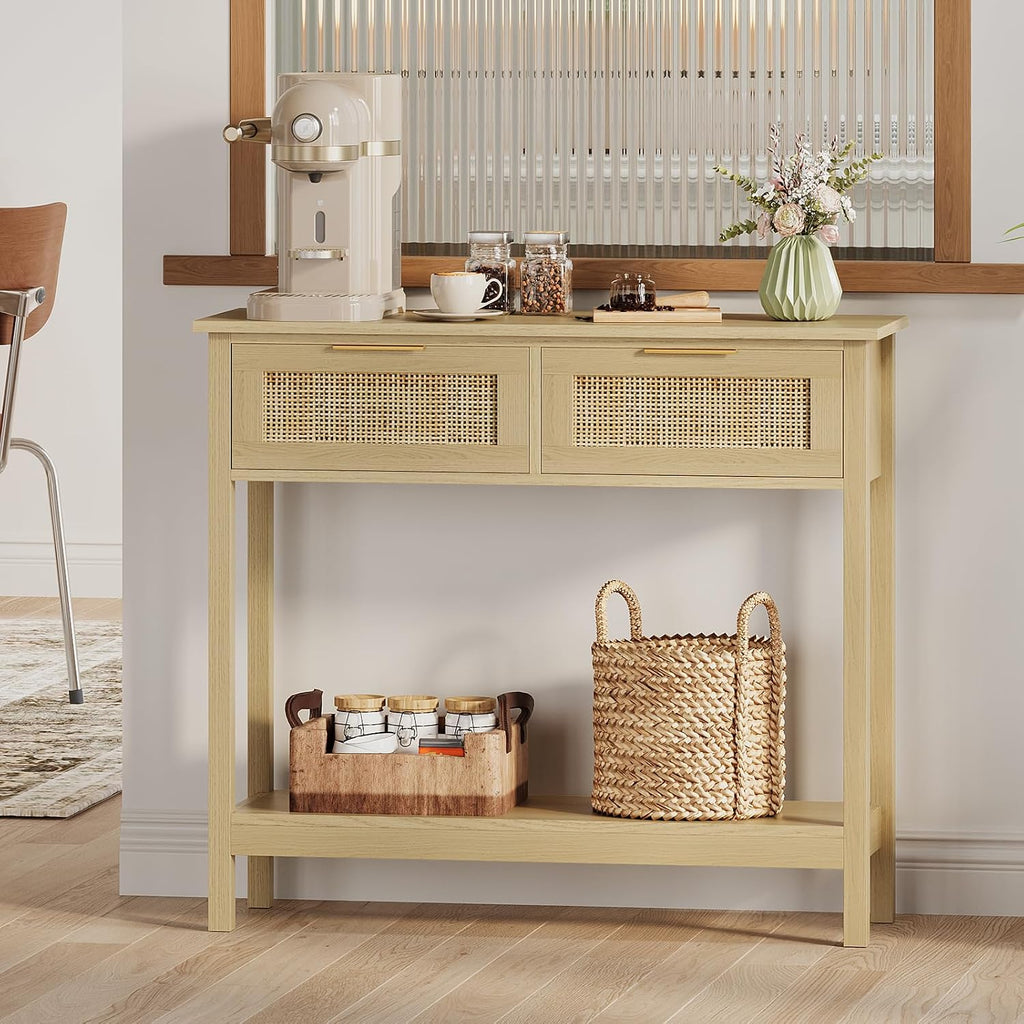Farmhouse Rattan Console Table with 2 Drawers 2 Tier Boho Narrow Long Sofa Table Natural with Open Storage Shelf Wood