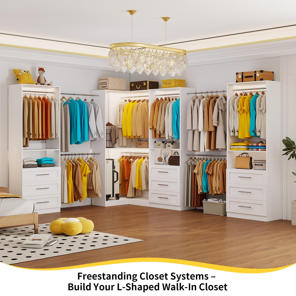 Closet System with 9 Drawers, Corner Closet Organizer System with 9 Hanging Rods Walk in Wooden Modular Closet