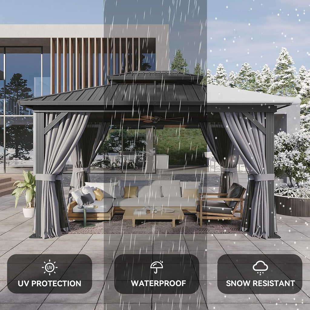 10'x14' Hardtop Gazebo, Metal Frame Canopy with Double Galvanized Steel Roof, Outdoor Metal Pavilion with Netting