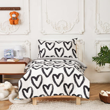 Black White Love Toddler Bedding Sets for Girls Boys Cute Cartoon 4 Pieces Soft Crib Bed Set Including Comforter