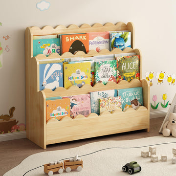 3-Tier Solid Pine Wood Scalloped Bookshelf, Natural