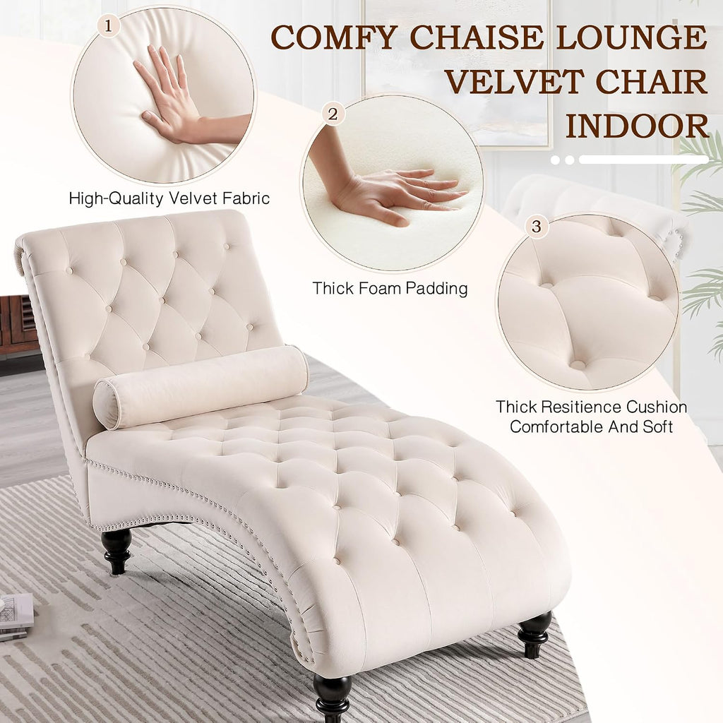 Chaise Lounge Chair Indoor, Modern Velvet Upholstered Sofa with Solid Wooden Leg and Lumbar Pillow, Button Tufted
