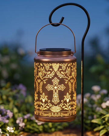 Solar Lantern with Shepherd Hook Hanging Pole, Cross, Religious Decorations | Decorative Outdoor Waterproof Garden