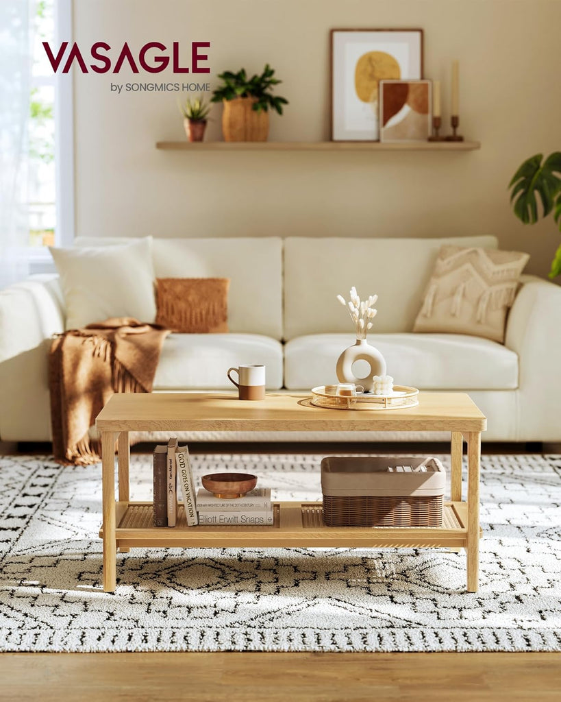 2-Tier Coffee Table, Rectangular Living Room Table, with PVC Rattan Storage Shelf, Rounded Corners, Easy Assembly
