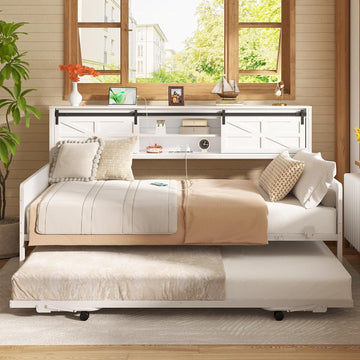 Farmhouse Twin Daybed with Pop-Up Trundle, White | Metal Trundle Bed Frame with Bookcase Headboard, Twin to King