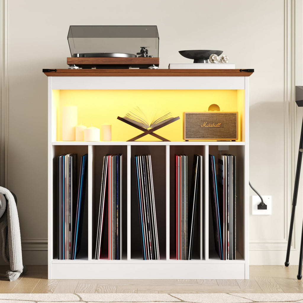 Farmhouse Large Record Player Stand with Power Outlets & LED Lights, Vinyl Record Stand hold up to 150 Albums