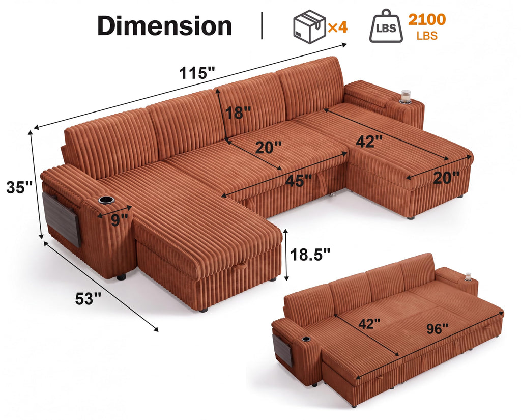 108" Modular Sectional Sleeper Sofa with Pull Out Bed, 4 Seat Plush Corduroy U Shaped Couch with USB Ports|Cup