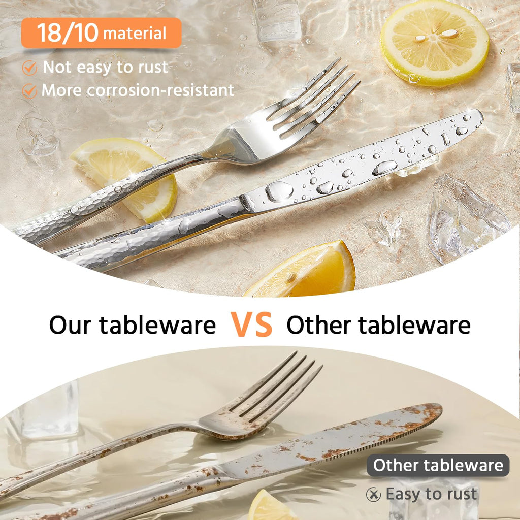 Hammered Flatware Set, 20-Piece 18/10 Stainless Steel Silverware