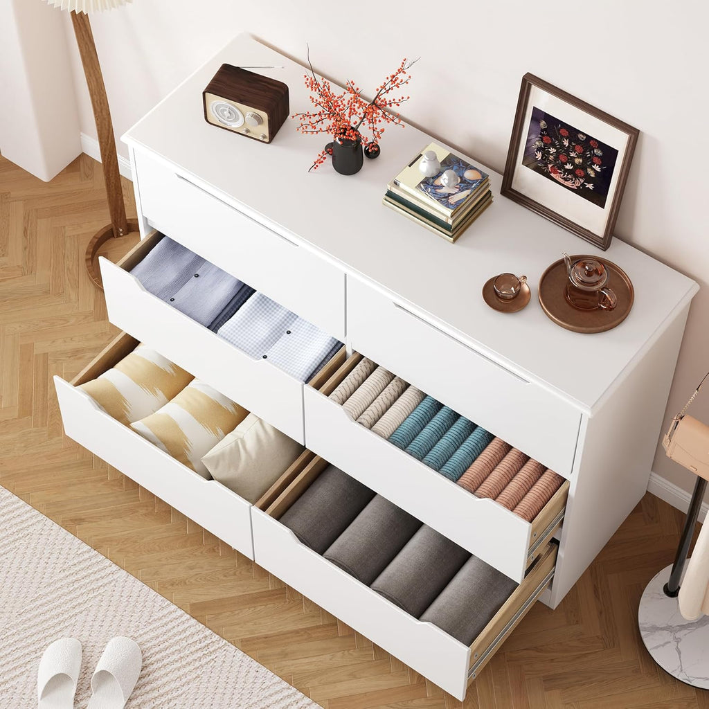 6 Drawer Double Dresser with Anti-Tip Design, White | Modern Wide Wooden Chest of Drawers with Cut-Out Handles